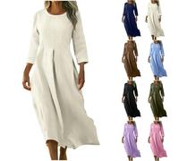 RLEHJN 3/4 Arm Leinenkleider Damen,Sommer Kleid Lang Sommerkleider Leicht Und Luftig Kleid Baumwolle Leinen Strandkleid Lockere Maxikleid mit Tasche Sommerkleid Damen Große Größen Damenkleider