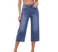 RLEHJN Baggy Jeans Damen 3/4,Pull On High Waist Stretch Caprihose Weites Lag Jeans,Cropped Straight Leg Jeanshose Elegant Palazzo Hose Sommer Einfarbig Jogginghose Bequem Stoffhose mit Taschen