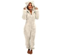 RLEHJN Damen Jumpsuit Fleece Schlafanzug Einteiler Winter Warm Kuschelig Onesie Lang Schlafoverall Pyjama Kuschelig Sale Günstig Ganzkörperanzug Flauschig Hausanzug mit Kapuze & Reißverschluss