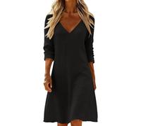 RLEHJN Damen Kleider,Langarm V-Ausschnitt Freizeitkleid Baumwolle Leinen Sommerkleid Elegante Etuikleid Maxikleid Modische Langarmkleid Lang Tshirt Kleid Freizeit Leinenkleid Bequem Hauskleid