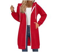 RLEHJN Full-Zip Hoodie Damen Oversized Sweatjacke Einfarbig Zip up Kapuzenpullover mit Taschen und Kordelzug Y2K Mode Lange Sweatjacke Outwear Langen Mantel Jacke Übergangsjacke mit Kapuze