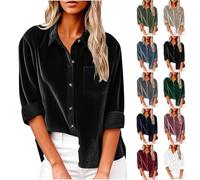RLEHJN Hemdjacke Damen Herbst-Winter Oversized Button Down Corduroy DüNne Jacket Cordjacke Damen Cord Hemd V-Ausschnitt Langarm Bluse mit Tasche Casual Jacke Musselin Bluse Frauen