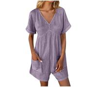 RLEHJN Jumpsuit Damen Elegant Festlich Kurz Sommer Overall V Ausschnitt Kurzarm Hosenanzug Mode Casual Playsuit Romper Lässig Lockere Schnittmuster Leicht Bequeme Plissee Vintage Einfarbig Overalls