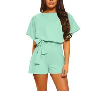 RLEHJN Jumpsuits für Damen,Elegante Kurzarm Jumpsuit Weites Bein Eleganter Overall Hosenanzug mit Schnürung Romper Einfarbig Einteiler Strampler Slim fit Sommer Playsuit Streetwear