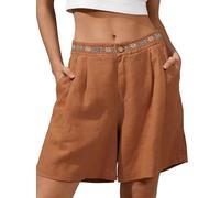 RLEHJN Kurze Hose Damen Sommer,Elastisch High Waist Besticktes Shorts Mit Taschen Baumwolle Leinen Hosen Einfarbig Knopf Kurze Hose Damen Große Größen Freizeitshorts Elegant Leicht Und Luftig Shorts