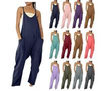 RLEHJN Latzhose Damen Arbeitshose,Sommer Ärmellose Spaghetti Strap Lange Playsuit Overalls Baumwolle Leinen Freizeithose Casual Einfarbig Jumpsuit Weites Bein Hose mit Taschen Loose Trägerhose