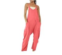 RLEHJN Latzhose Damen Arbeitshose,Sommer Ärmellose Spaghetti Strap Lange Playsuit Overalls Baumwolle Leinen Freizeithose Casual Einfarbig Jumpsuit Weites Bein Hose mit Taschen Loose Trägerhose