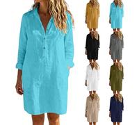 RLEHJN Leinenkleid Damen Elegant,Revers Sommerkleid Knielang Tshirt Kleid Große Größen Blusenkleid mit Knöpfen V-Ausschnitt Revers Baumwolle Leinen Einfarbige Vintage Kleider Hemdkleid Shirtkleid
