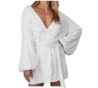 RLEHJN Pailletten Kleider Damen,Lockeres Minikleid Mode Langarm Paillettenkleid Kurz Glitzerkleid V-Ausschnitt Cocktail Club Party Freizeitkleid für Fasching Karneval Motto Party