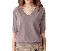 RLEHJN Pullover Damen Sommer V-Ausschnitt Kurzarmpullover Damen Langarm nahtlosem Stricktop, Leicht Strick Pulli Elegant Strickpulli mit Halbarm DüNne Weich Knit Sweater Warm Herbst Winter Outfit