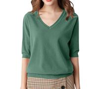 RLEHJN Pullover Damen Sommer V-Ausschnitt Kurzarmpullover Damen Langarm nahtlosem Stricktop, Leicht Strick Pulli Elegant Strickpulli mit Halbarm DüNne Weich Knit Sweater Warm Herbst Winter Outfit