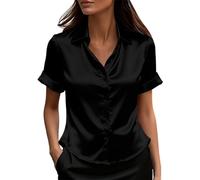 RLEHJN Satin Bluse Dame,Elegant Kurzarm Hemdbluse Sommer Knopfleiste Damenbluse Ausgefallene Revers Hemd Mode Fit Einfarbig Sommerbluse Übergröße lockeres Hemd vielseitig Büro lässig Hochzeit
