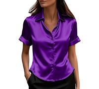 RLEHJN Satin Bluse Dame,Elegant Kurzarm Hemdbluse Sommer Knopfleiste Damenbluse Ausgefallene Revers Hemd Mode Fit Einfarbig Sommerbluse Übergröße lockeres Hemd vielseitig Büro lässig Hochzeit
