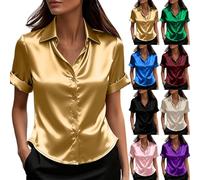 RLEHJN Satin Bluse Dame,Elegant Kurzarm Hemdbluse Sommer Knopfleiste Damenbluse Ausgefallene Revers Hemd Mode Fit Einfarbig Sommerbluse Übergröße lockeres Hemd vielseitig Büro lässig Hochzeit