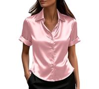 RLEHJN Satin Bluse Dame,Elegant Kurzarm Hemdbluse Sommer Knopfleiste Damenbluse Ausgefallene Revers Hemd Mode Fit Einfarbig Sommerbluse Übergröße lockeres Hemd vielseitig Büro lässig Hochzeit