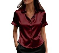 RLEHJN Satin Bluse Dame,Elegant Kurzarm Hemdbluse Sommer Knopfleiste Damenbluse Ausgefallene Revers Hemd Mode Fit Einfarbig Sommerbluse Übergröße lockeres Hemd vielseitig Büro lässig Hochzeit
