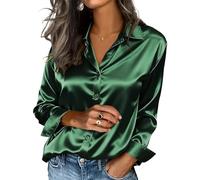 RLEHJN Satin Bluse Damen,Elegant Hemdbluse Langarm Glänzende Blusen Sommer Damenblusen Bequeme Stainbluse Schlafshirt Festlich Oberteile Leicht Schlafanzugoberteile Hemd Frauen Pyjama