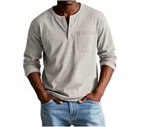 RLEHJN Sweatshirt Herren,Langarm Slim Fit Poloshirt Ohne Kragen Arbeit Langarmshirt Herren Vintage mit Brusttasche Sweatshirt Knopfleiste Elegant Henley Tshirt Zweifarbig