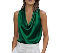 RLEHJN Tank Top Damen,Elegant Silk Satin Bluse Wasserfall Ausschnitt Oberteile Ärmellose Satinbluse Basic Blusentops Läsige Tanktops Seidentop Camisole Spaghetti Träger Cami Vest