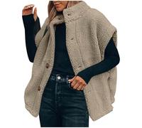 RLEHJN Teddy Fleece Weste Für Damen Einfarbig Stehkragen Teddy-Fleece Mantel Stilvolle Warm Cardigan Leicht Teddy Damen-Westen Elegant Knöpfe Fleeceweste Ärmellos Plüschweste mit Taschen