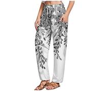 RMBLYfeiye 3/4 Hose Damen Chino Damen Hose Leichte Sommerhose, Damen High Waist Elastische Taille Musterdruck Freizeithose Mit Taschen Tunnelzug Stretch Jogginghose Weite Hose Damen (Grau, S)