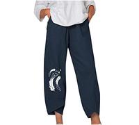 RMBLYfeiye 7/8 Hosen Damen Pumphose Damen Stoffhose Damen Weites Bein Elastische Taille Feder Druck Stretch 7/8 Hosen Mit Taschen Tunnelzug Locker Palazzo Hose Sommerhose Damen (Marine, M)