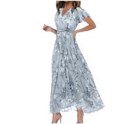 RMBLYfeiye Abendkleid Damen Lang V-Ausschnitt Blumen Bedruckt Chiffon Kleid Rüschenärmel Sommerkleid Hohe Taille Plissee Ballkleider A Linien Swing Blümchenkleid Abiballkleid Seidenkleid