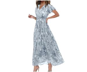 RMBLYfeiye Abendkleid Damen Lang V-Ausschnitt Blumen Bedruckt Chiffon Kleid Rüschenärmel Sommerkleid Hohe Taille Plissee Ballkleider A Linien Swing Blümchenkleid Abiballkleid Seidenkleid