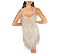 RMBLYfeiye Angebote des Tages Heute Festliche Kleider Für Damen Sommerkleid Damen Leicht Off Shoulder Kleid Spaghetti Quasten Glitzer Kleid Frauen Shirtkleider Damen (Silber, XL)