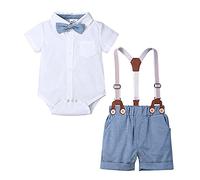 RMBLYfeiye Baby Jungen Hemd Body Kurzarm Strampler + Shorts mit Zubehöre Y-Form Hosenträger und Fliege Sommer Festliche Taufe Hochzeit Gentleman Shorts Set