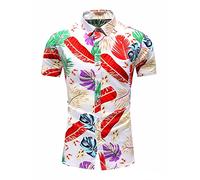 RMBLYfeiye Basic Tshirt Herren Hemd Weiss Herren Hawaii Hemd Reverskragen Tropische Palmblatt Druck Strandhemd Kurzarm Slim Fit Businesshemden Basic Freizeithemd T Shirt (Weiß, L)