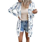 RMBLYfeiye Blaue Strickjacke Damen Blazer Elegant Jersey Blumenmuster Leichte Übergangsjacke Mit Knopfleiste Cardigan Langarm Blouson Dünne Jacke Kapuzenjacke