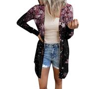 RMBLYfeiye Blazer Damen Schwarz Strickjacke Oversize Kimono Kurz Blumenmuster Leichte Übergangsjacke Mit Knopfleiste Elegant Cardigan Langarm Blouson Dünne Jacke Laufjacke