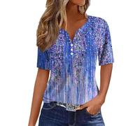 RMBLYfeiye Bluse Damen Elegant, V-Ausschnitt Henley Shirt Mit Knopfleiste 3D Druck Basic Kurzarm Hemdbluse Festliche Oberteile Leichte Laufshirt Locker Blusenshirt Ausgefallene