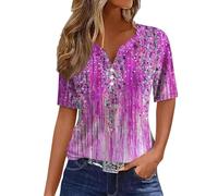 RMBLYfeiye Bluse Damen Elegant, V-Ausschnitt Henley Shirt Mit Knopfleiste 3D Druck Basic Kurzarm Hemdbluse Festliche Oberteile Leichte Laufshirt Locker Blusenshirt Ausgefallene