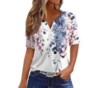 RMBLYfeiye Bluse Damen Elegant, V-Ausschnitt Henley Shirt Mit Knopfleiste Blumen Bedruckt Blusenshirt Leichte Ausgefallene Festliche Oberteile Kurzarm Longshirt Locker Sportshirt Hemdbluse