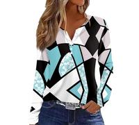 RMBLYfeiye Blusen & Tuniken Für Damen Blumen Bedruckt Langarm Henley Shirt V-Ausschnitt Blusenshirt Regular Fit Business Leichte Frauen Langarmshirt Herbst Oberteile Ausgefallene Knopf Poloshirt