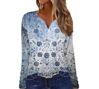 RMBLYfeiye Blusen & Tuniken Für Damen Langarm Blumen Bedruckt Henley Shirt V-Ausschnitt Blusenshirt Regular Fit Business Basic Leichte Langarmshirts Elegante Oberteile Ausgefallene Knopf Tunika Bluse