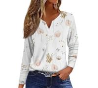 RMBLYfeiye Blusen & Tuniken Für Damen Langarm V-Ausschnitt Blusenshirt Blumen Bedruckt Henley Shirt Basic Langarmshirt Knopf Leichte Business Herbst Oberteile Ausgefallene Frauen Tunika Bluse