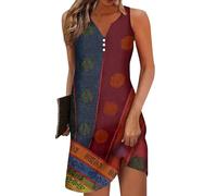RMBLYfeiye Blusenkleid Damen Blumen Bedruckt V-Ausschnitt Ärmelloser Shirtkleid Leichte Strandkleid Locker Abiballkleid Casual Sommerkleid Kurz Outdoor Kleid Elegant Tunika Mit Knopfleiste
