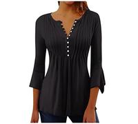 RMBLYfeiye Blusenshirt Damen 3/4 Arm V-Ausschnitt a Linien Dreiviertelarm Shirt Plissee Blumen Bedruckt Ausgefallene Bluse Trompetenärmel Tunika Elegante Oberteile Longshirt Casual