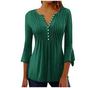 RMBLYfeiye Blusenshirt Damen 3/4 Arm V-Ausschnitt Blumen Bedruckt Dreiviertelarm Shirt Plissee Trompetenärmel Ausgefallene Bluse a Linien Longshirt Elegante Oberteile Sommer Tunika