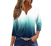 RMBLYfeiye Blusenshirt Damen Glitzer Oberteile Bluse Kurzarm V-Ausschnitt Blumen Bedruckt Dreiviertelarm Shirt Dirndlbluse Langarm Türkis, XXL