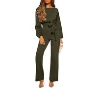 RMBLYfeiye Bodysuit Women Ganzkörper Jumpsuit Damen Grün Blaumann Für Frauen Boot-Ausschnitt Einfarbiges Festlich Hosenanzug Langarm Straight Leg Mit Gürtel