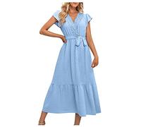 RMBLYfeiye Boho Kleid Damen,Sommerkleid Damen Rundhals Einfarbiges Gerippt Stickerei Maxikleid Puffärmel A Linien Plissiertes Tunika Kleid Rüschensaum Ballkleider Lang