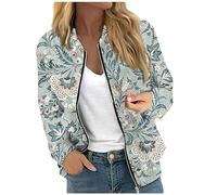 RMBLYfeiye Bomberjacke Damen Blumenmuster Übergangsjacke Mit Reißverschluss Leichte Rundhals Trachtenjacke Taschen Loose Fit Herbst Jacke Casual Blouson Motorrad Business Für Frauen