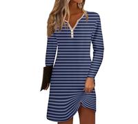 RMBLYfeiye Brautjungfernkleider Sommerkleid Midi Lange Sommerkleider V-Ausschnitt Gestreifter Druck Strandkleid Knof Langarm Blusenkleid Kurz Kleid Damen