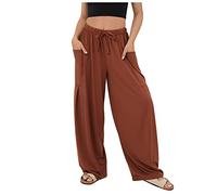 RMBLYfeiye Business Hose Damen Damen Hosen Elegant Sommerhose Damen Leicht Elastische Taille Einfarbiges Palazzo Hose Mit Taschen Tunnelzug Stretch Jogginghose Freizeithose Damen (Braun, M)