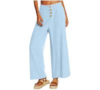 RMBLYfeiye Chino Damen Hose Sommerhosen Damen Leicht Und Luftig Hosenrock Damen Lang Einfarbiges Druckknopf Sommerhose Mit Taschen Locker Chino Hose Leicht Stoffhose Damen Leinenhose (Himmelblau XL)