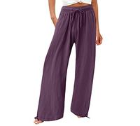 RMBLYfeiye Chino Damen Hose Stretch Hose Damen Pyjamahose Damen Lang High Waist Tunnelzug Einfarbiges Weite Hose Mit Taschen Baumwoll Leinen Locker Chino Hose Leicht Sommerhose Y2K Jeans (Lila, XXL)